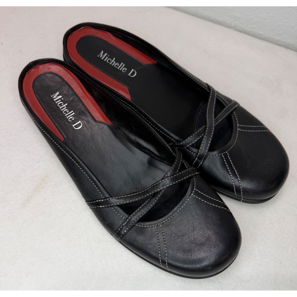 Michelle D Leather Mules Womens 7.5 Black Excellent Contrast Stitch Wedge Brazil